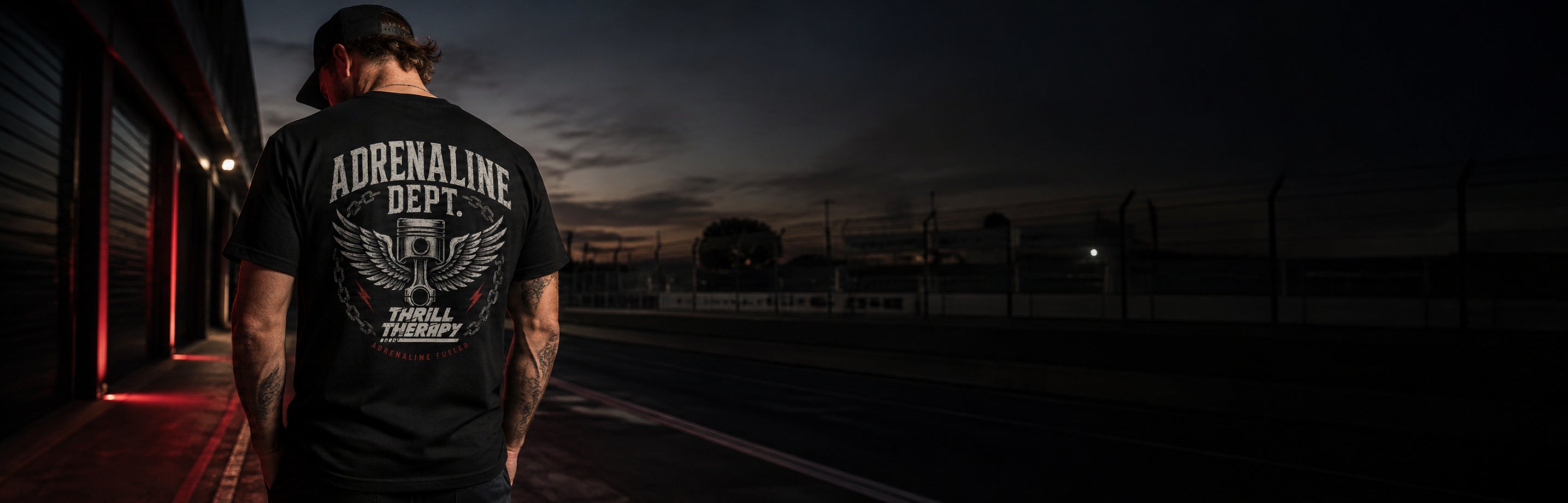 Thrill Therapy Trackside campaign featuring the Adrenaline Dept Tee